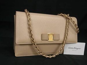 1円 ■美品■ Salvatore Ferragamo フェラガモ ヴァラリボン レザー チェーン クロスボディ ショルダーバッグ ピンクベージュ系 FA5971