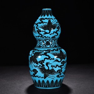 大明嘉靖年製款 孔雀藍釉 青花云鶴紋瓢形瓶 唐物 陶磁器 中国美術 工芸品 HB915