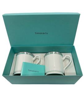 【1円スタート！未使用品】Tiffany&Co. ティファニー プラチナ ブルー バンド ペア マグカップ カップ ソーサー 皿 プレート 食器 箱付き