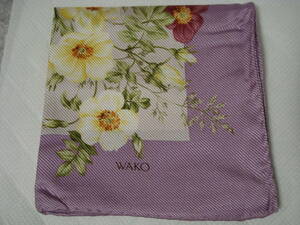 ☆ 銀座 和光 シルク混 ハンカチーフ 58cm☆ 紫 ピンク 花柄 ハンカチ スカーフ WAKO