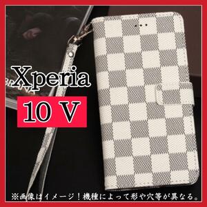 Sony Xperia10Ⅴケース　手帳型　白色　チェック柄　高質PUレザー　大人気　高級感　耐衝撃 ソニー　エクスペリア　10　Ⅴカバー　ホワイト