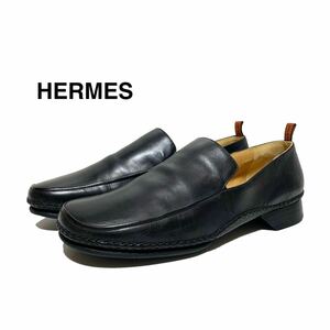 ☆美品 エルメス HERMES レザー プレーン ローファー シューズ 黒 イタリア製 スリッポン 革靴 パンプス