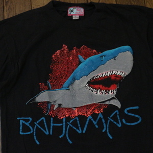 90s SHARK BAHAMAS サメ Tシャツ L ブラック 発砲プリント アニマル 魚 フィッシュ ジョーズ JAWS イラスト アート キャラクター USA古着