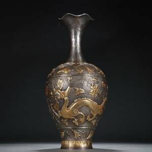  ▽鴻▽唐・純銀塗金彫・龍紋瓶 時代物 中国古美術 骨董品