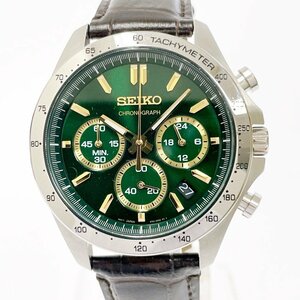 【1円スタート】【箱付き】SEIKO セイコー 8T63-00D0 スピリット クロノグラフ SS×革ベルト グリーン文字盤 クオーツ メンズ腕時計 266127