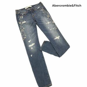 【新品】 Abercrombie&Fitch アバクロ 花柄&ビジュー♪ ダメージ加工 ストレッチ スキニー デニム パンツ Sz.24　レディース　K4B00229_3#R