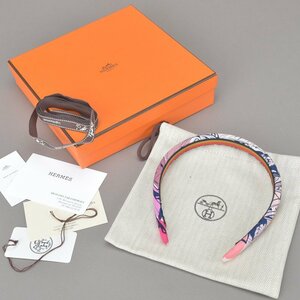 1円 新品 HERMES エルメス エルザ ヘアバンド カチューシャ スカーフ柄 ピンク ネイビー シルク ヘアアクセサリー 箱付き ■b.e/c.k