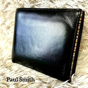 【Paul Smith/ポールスミス/極美品】二つ折り財布【コンパクト/ミニ/マルチストライプ/レザー/お札入/小銭入/ウォレット/メンズ/ブラック】