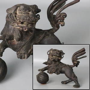 【宙】 古銅 玉乗獅子像 幅26.7cm 3008g 唐獅子 シーサー 置物 オブジェ 細密彫刻 時代 古美術品 C2G11.hj.B