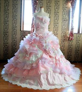 希少な超大きいサイズ21号23号26号高級ウエディングドレス編上げ調節可能ドット柄ピンクカラードレス
