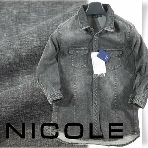 新品1円～★ニコル セレクション NICOLE selection メンズ 七分袖 ストレッチ ウォッシュデニムシャツ 48 L 綿 ブラック 本物◆1159◆