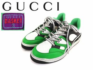 15万新品◆7=26cm◆GUCCI グッチ デメトラ素材 ダメージ加工 パネルロートップスニーカー 黒×白×緑『BASKET』1円