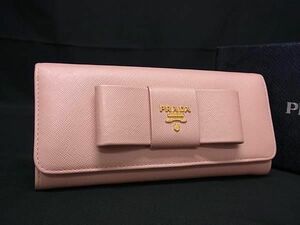 1円 ■美品■ PRADA プラダ サフィアーノレザー リボン 二つ折り 長財布 ウォレット 札入れ 小銭入れ レディース ピンクベージュ系 FA7548