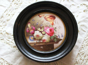 イギリス アンティーク【19世紀 ダービー窯】花の静物画 陶板 丸額 プラーク