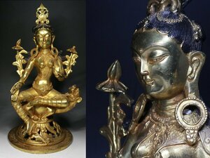 ■古銅■鍍金仏・チベット仏・坐像・獣・獅子・ネパール・ターラ・高さ36㌢・f694