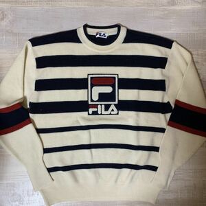 【好デザイン ブランドロゴ ヴィンテージ 美品】90s オールド FILA SPORT ボーダー ニット ジャケット フィラ スポーツ サイズL メンズ