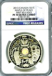 ★★Yahoo初 カナダ 2013年 平和(ホログラム-メープルリーフ) 15＄ １oz .9999銀貨　NGC PF70UCAM First Releases★★