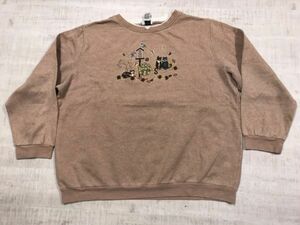 Bon Worth 刺繍 アメカジ オールド カントリー 90s 古着 猫ちゃん スウェット トレーナー レディース レイヤード 大きいサイズ XL ベージュ