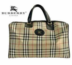 希少 Burberry バーバリー ノバチェック キャンバス レザー 大容量 ボストン バッグ ハンドバッグ シャドーホース プレート ロゴ 鍵付き