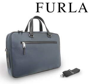 【超美品 ほぼ未使用】 フルラ FURLA 2WAY ビジネスバッグ ブリーフケース レザー 本革 ネイビー ブラック メンズ 紳士 レディース 大容量