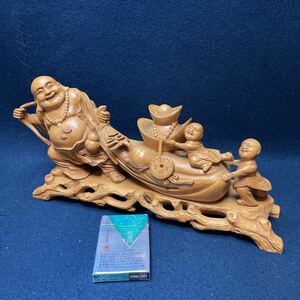 中国美術 木彫 工芸品 黄楊木彫刻　縁起物 布袋尊像 開運招福置物 