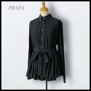 【PRADA】 大きいサイズ42 シルク100％ プリーツブラウス ウエストリボン