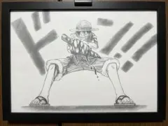 ONE PIECE ワンピース　コミック8巻表紙ルフィ　漫画　模写鉛筆画　額縁付