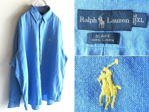希少 90sビンテージ Ralph Lauren ラルフローレン BLAKE ポロポニー ロゴ刺繍 リネン BDシャツ XL 青 ブルー 大きいサイズ USA企画 RN41381