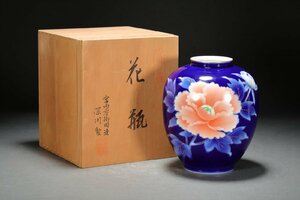 【善古堂】某有名オークション買入 有田焼 宮内庁御用達 深川製 色絵牡丹紋花瓶 飾瓶 共箱 骨董品 古美術0410-113H0