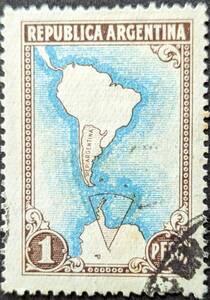 【外国切手】 アルゼンチン 1951年05月21日 発行 地図 - 南アメリカと南極-2 消印付き
