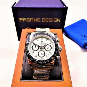 送料無料・新品・パガーニデザイン・セイコー製VK63クロノグラフ式腕時計 ・オマージュウオッチ・ステンレスモデル・ホワイト文字盤文字盤
