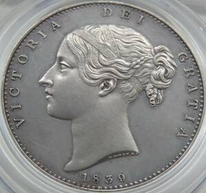 1839年 PF64 クラウン 銀貨 プルーフ ヴィクトリア 女王 イギリス 英国 CGS-UK UNC 80 PROOF CROWN 鑑定 未使用 PR64 ヤング 紋章盾図