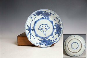 中国美術 青花花卉紋盤 南京古染付七寸皿 木箱附（J462）