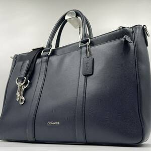 1円【未使用級】定価16万 コーチ COACH 2way ビジネスバッグ ブリーフケース トートバッグ A4 レザー 本革 メンズ ネイビー 紺 3室 大容量