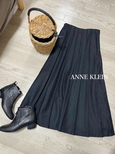 ANNE KLEIN　アンクライン｜ウール100％ピンタックロングスカート　チャコールグレー　11号｜プリーツ風　M～Lサイズ　きれいめ