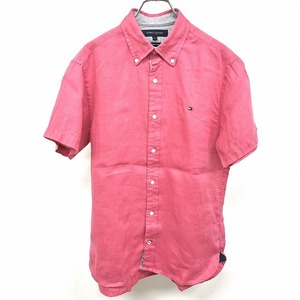 トミーヒルフィガー TOMMY HILFIGER シャツ ミニロゴ刺繍 ボタンダウン 半袖 麻100% プレミアムリネン L ピンク×ネイビー ピンク メンズ