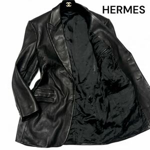 定価100万越え◎鹿革 52サイズ!!エルメス【幻の逸品】HERMES ディアスキン レザー テーラード ジャケット ブラック シボ革 本革◎メンズ