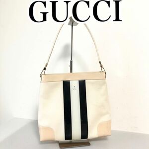 ■美品■GUCCI ワンショルダー　トートバッグ シェリーライン　キャンバス×エナメル ブラック×アイボリー　ストライプ　イタリア製