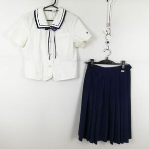 1円 ブラウス スカート 紐タイ 上下3点セット 夏物 女子 学生服 長崎大村城南高校 白 制服 中古 ランク:C EY3596