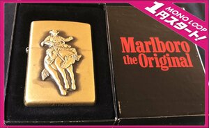 【5NY知04001E】★1円スタート★ZIPPO★ジッポ★Marlboro★the Original★カウボーイ★マルボロ★喫煙具★火花確認済★箱付き★ゴールド★