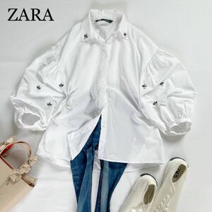 ZARA 大人可愛い　ビジュー付き　お袖ふんわり　ホワイト プルオーバーシャツ ブラウス　サイズM ザラ♪