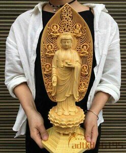 極上彫 黄楊木 実木彫刻手工芸品人物 仏像如来 置物 南無阿弥陀仏