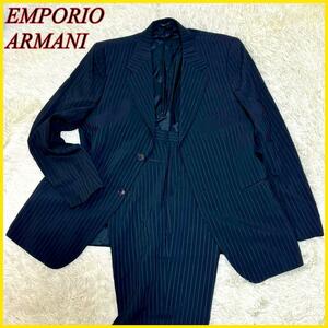 美品EMPORIO ARMANI エンポリオアルマーニ セットアップ シングル スーツ 背広 二つボタン ブラック 黒 ストライプ 56 3XL メンズ