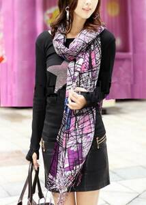 秋冬装い 赤と紫 ポリエステル ロングストール・スカーフ