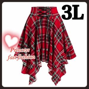 ★特別御奉仕品★【3L／レッド】チェック柄編み上げ＊アシンメトリー＊ミニスカート＊大きいサイズ＊レディース＊コスプレ＊女装＊V系