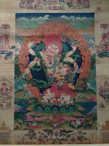 卍西蔵密教 『白大黒天 細密画 掛軸』 チベット 仏画 175cm