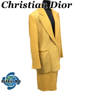 ●4D049/Christian Dior クリスチャンディオール/セットアップ/ジャケット/スカート/ジャガード/ウール/イエロー/黄色/42/ヴィンテージ