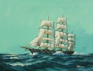 油彩画 洋画 肉筆油絵 F6号 「帆船 海景画」-111- 特価