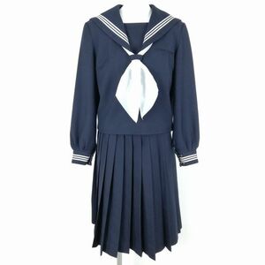 1円 セーラー服 スカート スカーフ 上下3点セット 165A 大きいサイズ 冬物 白3本線 女子 学生服 中学 高校 紺 制服 中古 ランクC NA5053