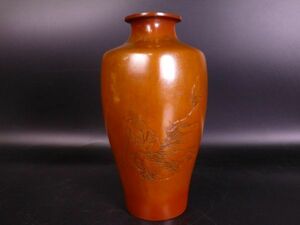 時代 玉栄堂造 黄銅 銅鎚起四方瓶鐵拐仙人彫花瓶 彫金 高さ21.5cm 骨董 共箱